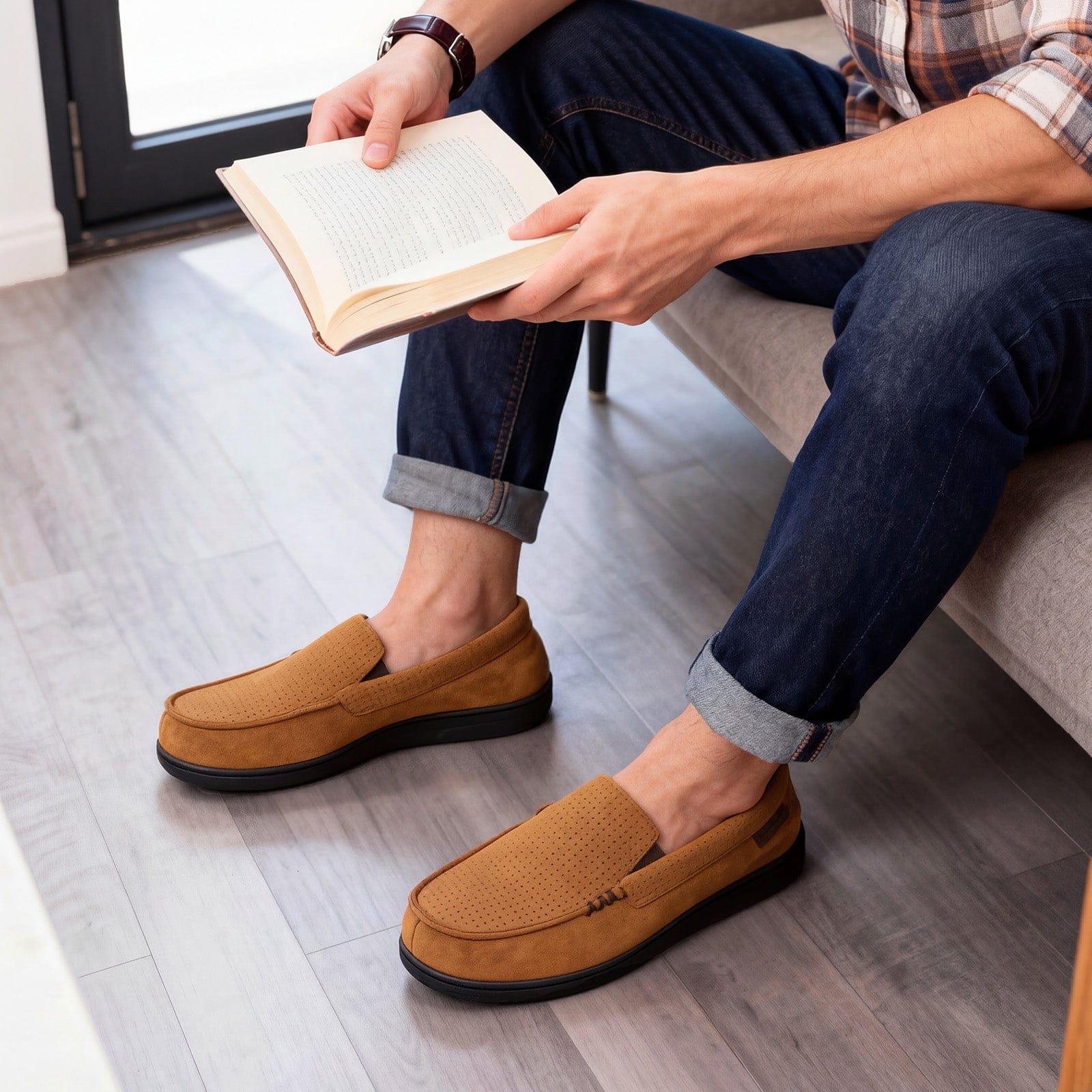 Men's Comfy Suede Memory Foam Moccasin Slippers Warm Sherpa Lining House Shoes