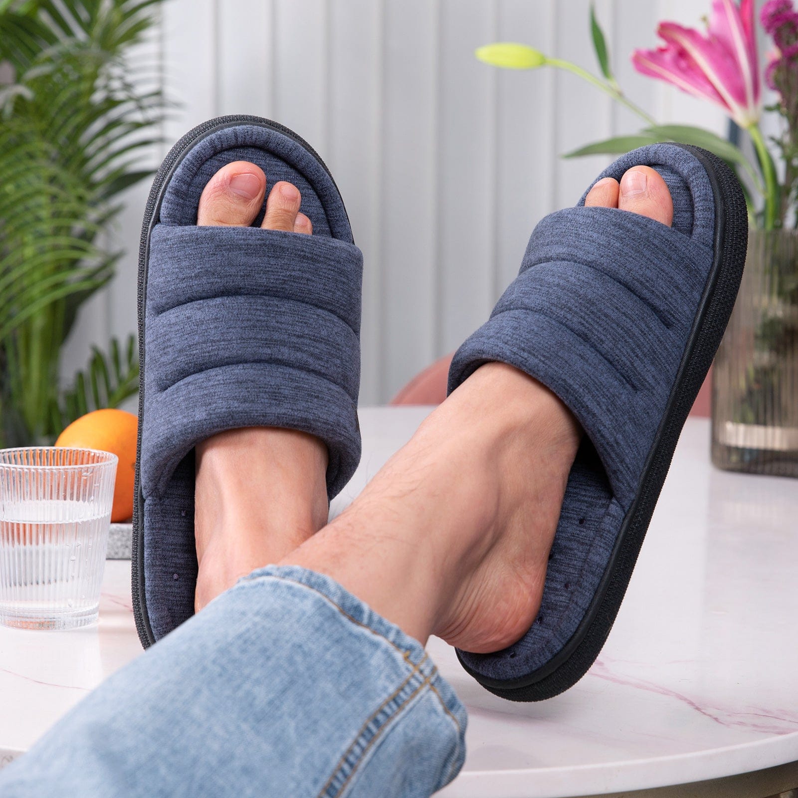 Men's Open-Toe Slide Slippers Memory Foam House Shoes