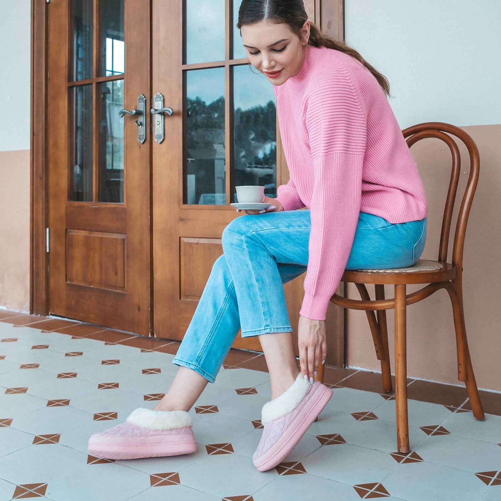 Ladies' Warm Knitted Faux Suede Memory Foam Moc Slippers