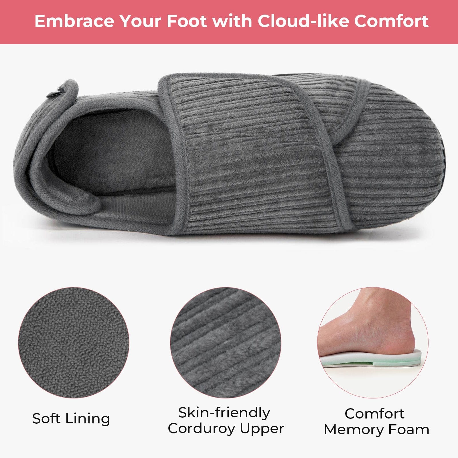 Women's Comfy Adjustable Wide Fit Hook And Loop Memory Foam Slippers