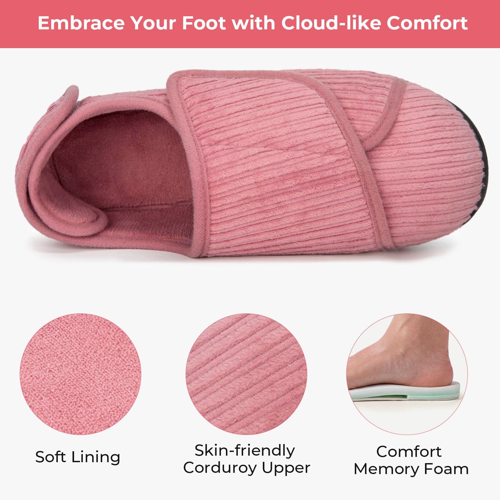 Women's Comfy Adjustable Wide Fit Hook And Loop Memory Foam Slippers