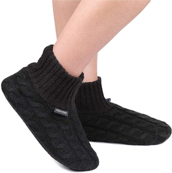 VeraCosy Men's Women's Fluffy Cable Knitted Slipper Socks-Black