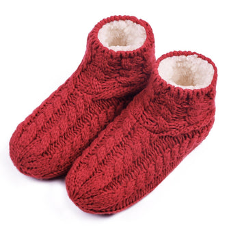 Ladies' Warm Cable Knit Non Slip Winter Slipper Socks with Fluffy Fleece Lining-Wine Red